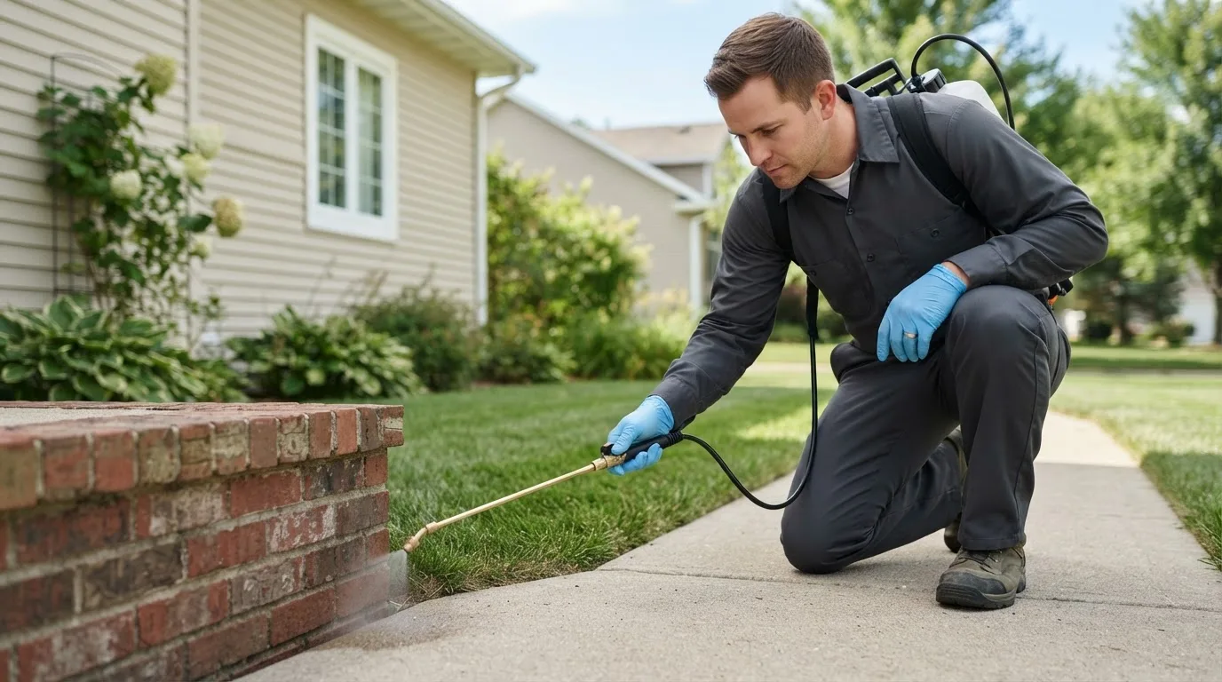 Pest control technician treating a home near Armstrong, IA