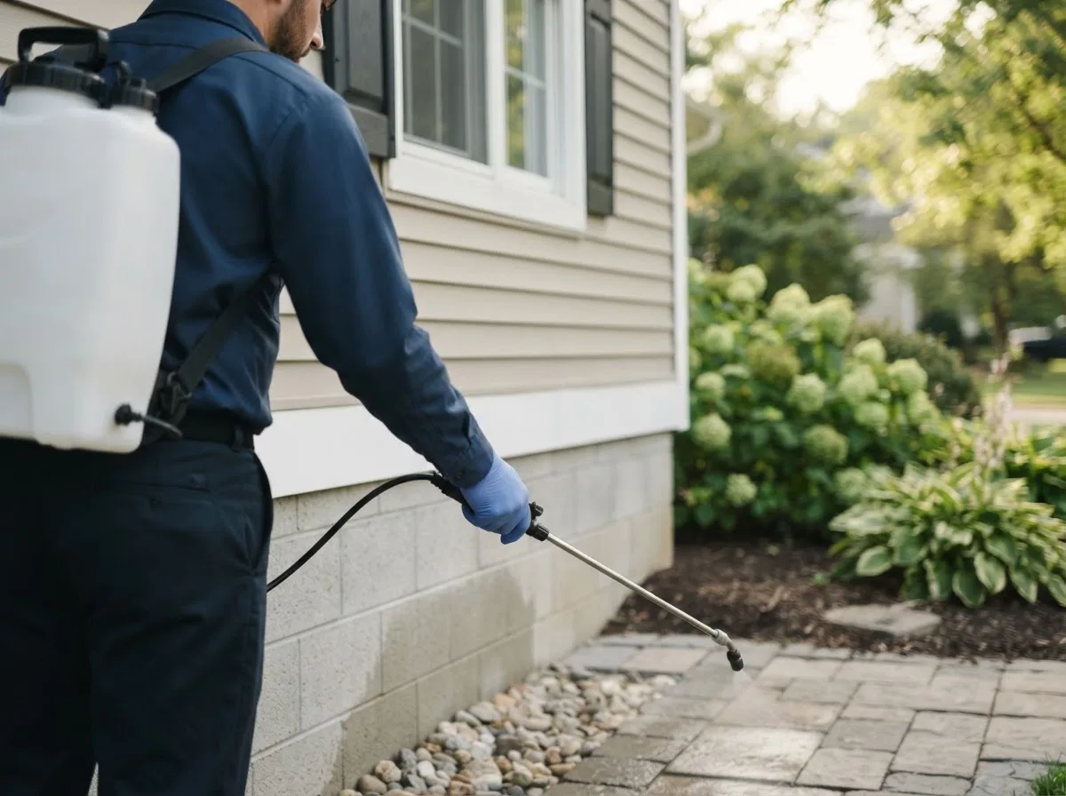 Pest control technician inspecting a home in Armstrong, IA
